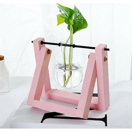 Creative Fashion Hydroponic Glass Planter Bulb Vase Simple Retro Wooden Hanging Stand Tray Home Office Tabletop Decoration