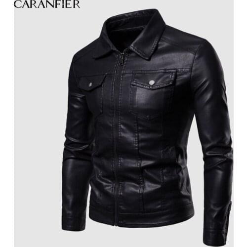 CARANFIER Mens PU Leather Jacket Autumn Winter Turn Down Collar Leather Slim Black Jacket Men Coat Motorcycle Fashion Streetwear