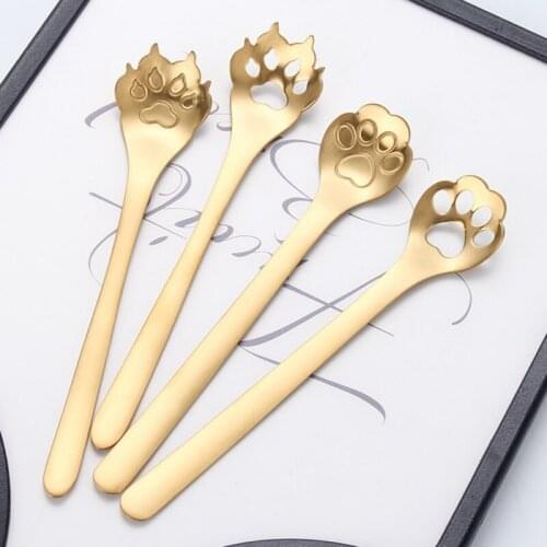 Stainless Steel With Long Handle Ice Spoon Coffee Spoon Tea Kitty Cat Claw Coffee Spoon Coffee Tea Flatware Cake Dessert Tablewa