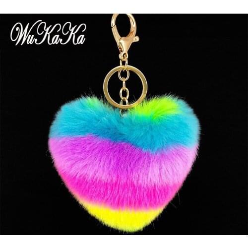 Fashion Fluffy Puff Ball Lovely Colorful Heart Pompom Keychain car rabbit Key Chain Ring for Women handBag Pom pom Jewelry 2020