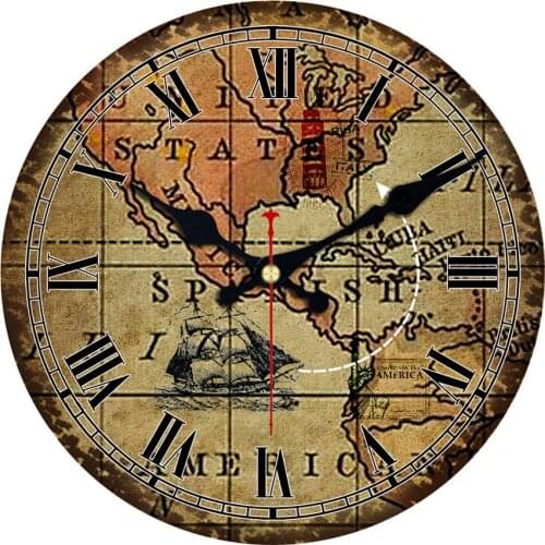 Retro Wall Art Decor Analog Battery Operated Wall Clock Vintage World Compass Map Travel Lover Inch Silent Round Wooden Clock