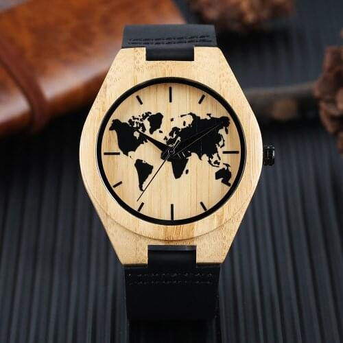 Carving World Map Theme Fathers Day Bamboo Wooden Watches Casual Black Leather Creative Quartz Wrist Watch Gift for Father Dad