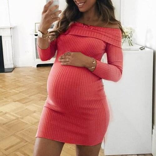 Spring New Style WomenS Pregnancy Casual Slash Neck Mini Dress Maternity Long Sleeve Clothes Female Dresses Vestidos
