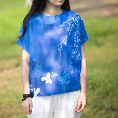 Women Irregular Printed Ramie Blouse Female Print Loose Shirts Tops Ladies Ramie Blouse Shirt 2020 Summer