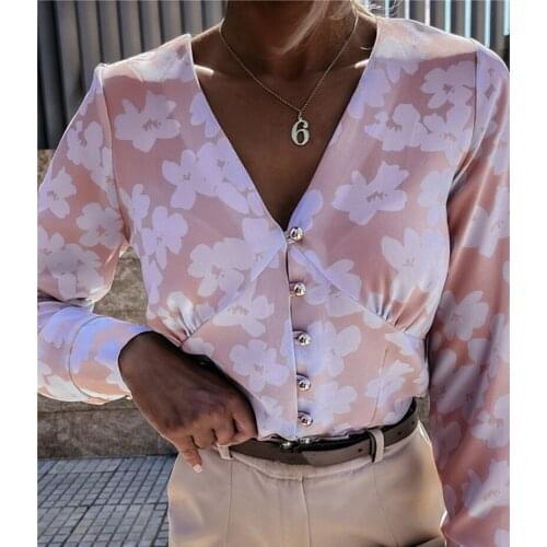 Ladies Female Floral Printing Shirt Tops Autumn Spring Women Long Sleeve V Neck Slim Fashion OL Blouse