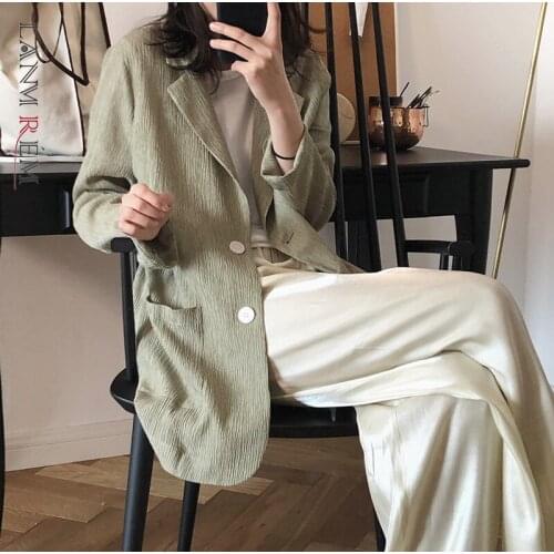 Women Yellow Folded Thin Section Blazer New Lapel Long Sleeve Loose Fit Jacket Fashion Tide Spring Autumn 2021 Z294