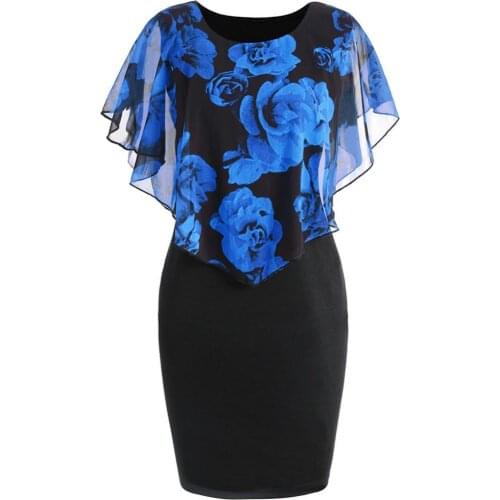Plus Size Elegant Office Lady Rose Flower Print Cape Bodycon Knee Length Dress