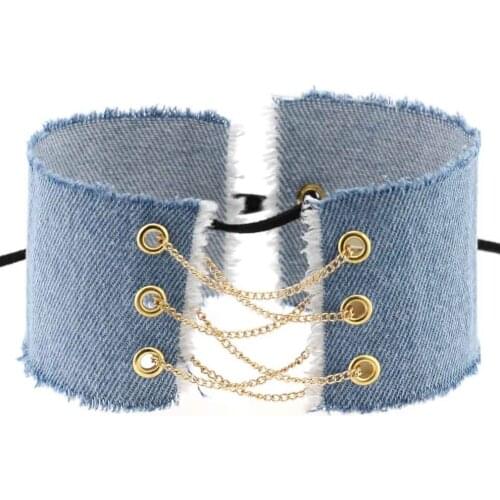 Casual Elegant Blue Black Boho Reviets Link Chain Denim Cotton Clavicle Collar Colier Choker Necklace Women Femme Gift Jewelry