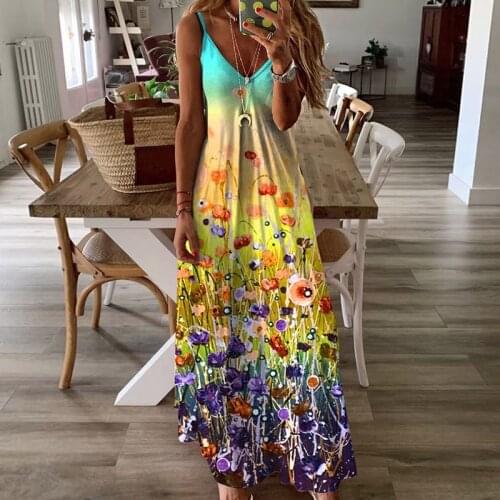 Women Summer Beach Casual Spaghetti Strap Dress Sexy Deep V-Neck Floral Print Party Maxi Dress Lady Sleeveless Loose Long Dress