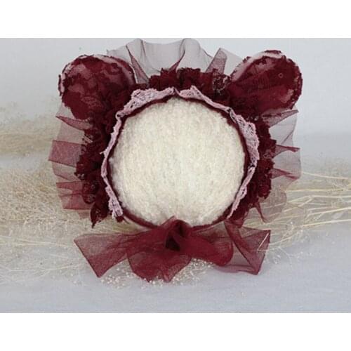 Burgundy Ruffle Lace Baby Gilrl Bear Hat Photography Props Handmade Newborn Animal Bonnet Cute Tedday Bear Hat Shower Gift