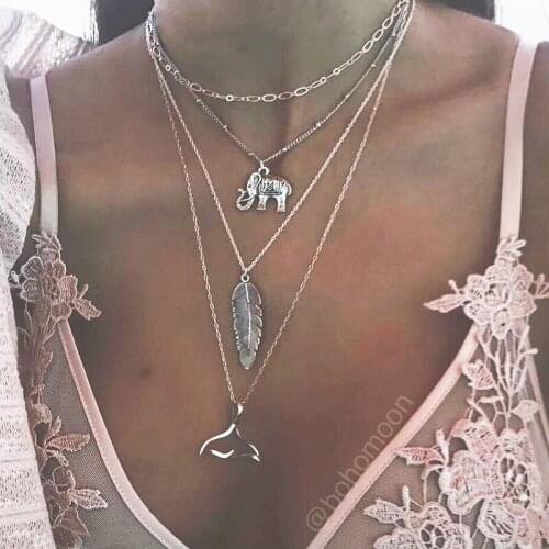 Ethnic Bohemian Multilayer Elephant Feather Fish Tail Pendant Necklaces Women Vintage Fishtail Mermaid Necklace Jewelry YN317