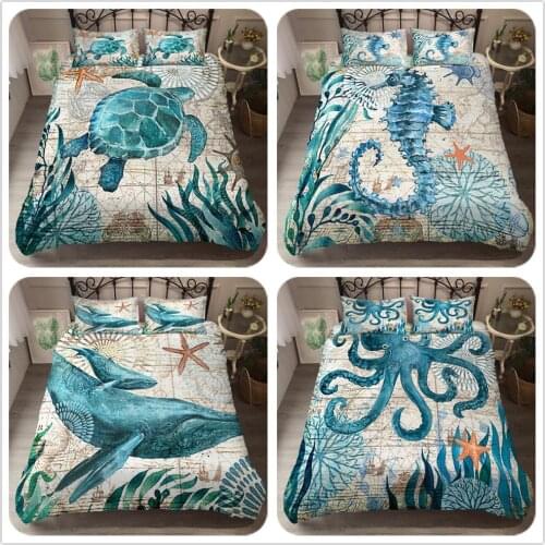 Europe and The United States Popular Home Textile Three-piece Set Retro Sea Animal Pillowcase Quilt Cover Three-piece Set