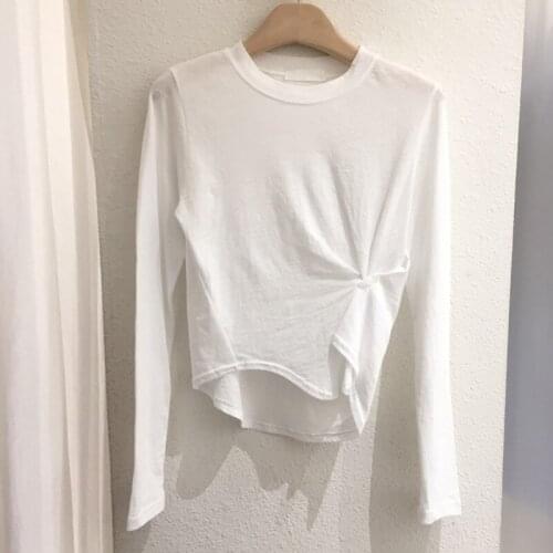 Cotton Solid Women T-Shirts Summer New 2021 O-Neck Button Folds Slim Short Empired Female Pulls Outwear Tops Tees