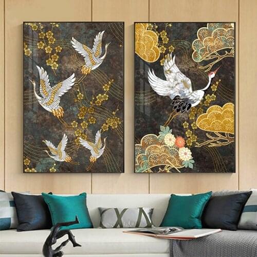 Canvas Painting Birds Retro Wall Art Gold Bird Cloud Posters and Prints Japanese Wall Pictures for Living Room Decoration Home