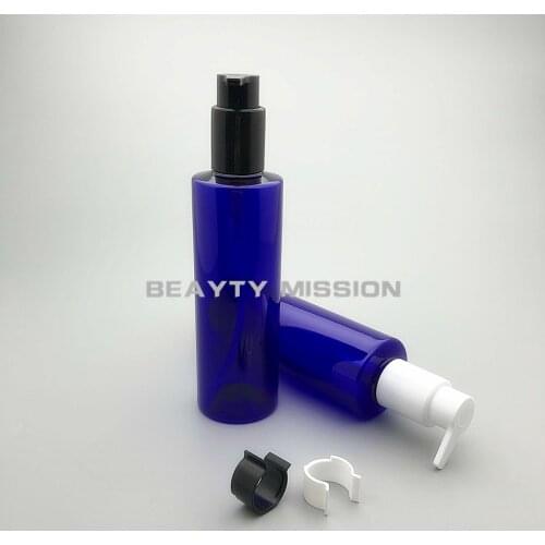 BEAUTY MISSION 24pcs 250ml empty blue plastic PET bottle with white/black lotion pump, personal care shampoo cosmetic container