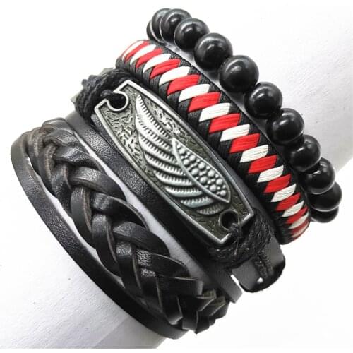Black Wing Sunflower Blade Beads Skull Leather Bracelets Set 4pcs/set Men Bracelets Women Fashion Jewelry Accessories