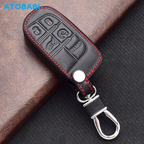 ATOBABI Leather Car Key Case For Jeep Grand Cherokee Compass Dodge Challenger Charger Chrysler 5 Buttons Smart Remote Fobs Cover