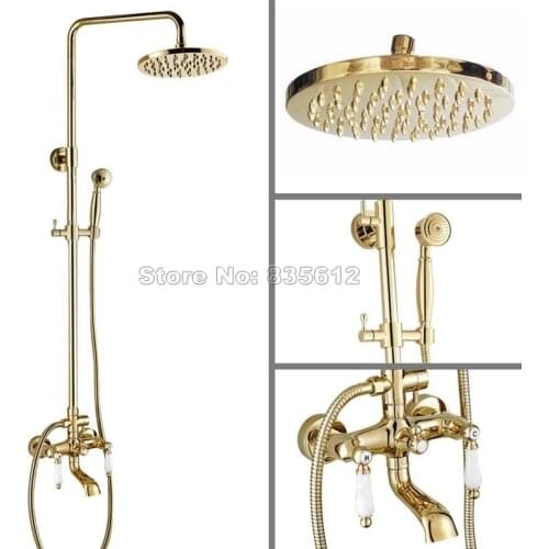Gold Color Brass Bathroom 8" inch Shower Head Rain Shower Faucet Set + Clawfoot Tub Mixer tap Dual Ceramic Handles Wgf362