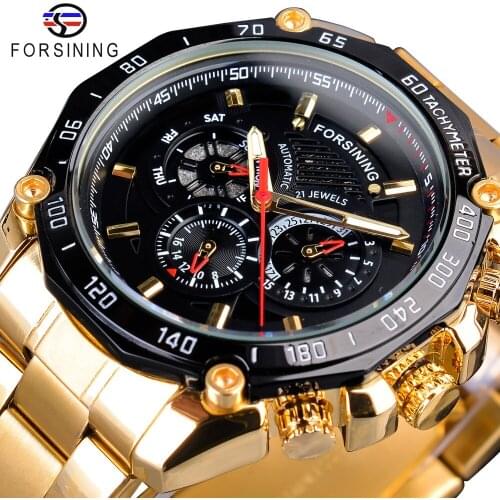 Forsining Golden Stainless Steel Three Dial Design Mens Racing Sport Automatic Wrist Watches Top Brand Luxury Relogio Mechanical