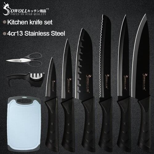 Sowoll 9pcs Kitchen Knife Set Stainless Steel Knife Sharpener Tool Chopping Board Bread Slicing Santoku Utility Paring Knife