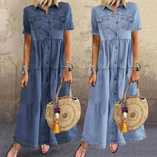 80% New Arrival 2021!!! Retro Women Short Sleeve Turn Down Collar Pockets Buttons Long Loose Denim Dress