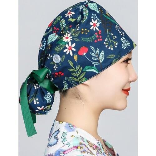 Women Scrubs Caps with Buttons Bandage Sweatband Printed Hats for Long Hair Cotton Adjustable Nursing Workwear Hats Accessories