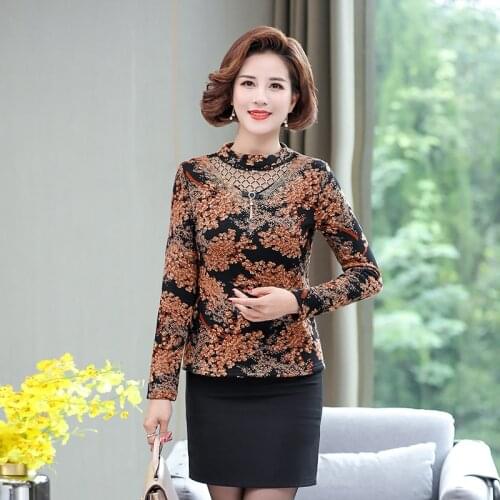 Velvet Thick Women T-Shirt Autumn Winter Warm Bottom Shirt Slim Pullover Vintage Printed Middle Age Mother Long Sleeve Tops