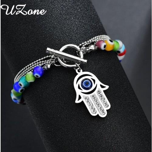 UZone Hot sale Stainless Steel Hand of Fatima Evil Eye Tassels Chain Link Bracelets for Women Ceramics Ethnic Charm Jewelry