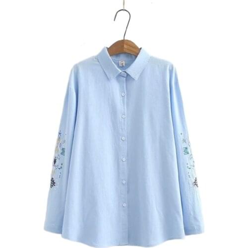 Plus Size Womens Long Sleeve White Blouse Embroidery Cotton Blusas Officewear Shirts with Buttons