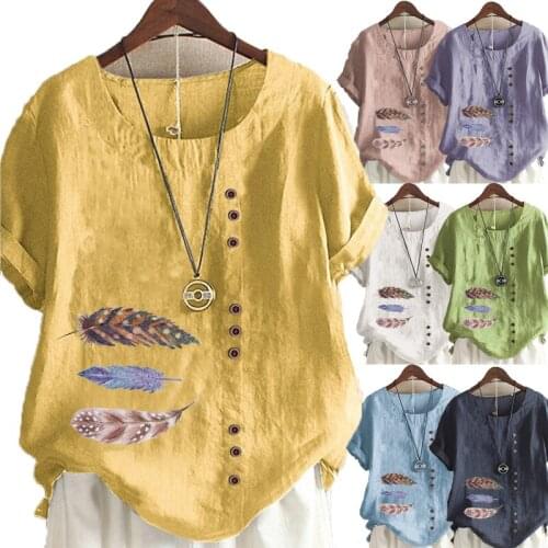 2021 Summer Womens Fashion Feather Printed Short Sleeve Round Neck Blouse Ladies Linen Button Tops Loose T-shirts Plus Size