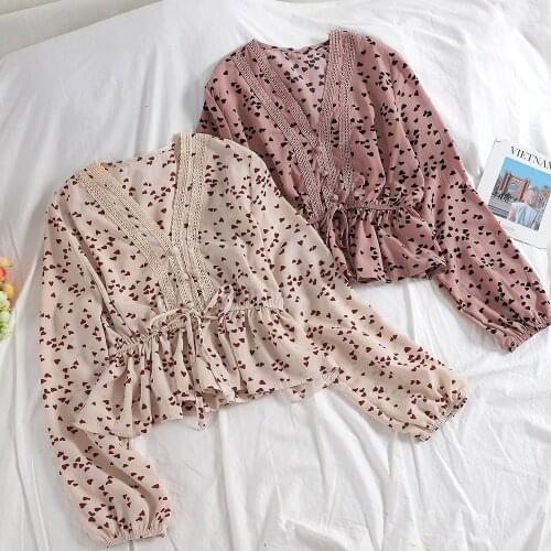 Women Summer V-neck Lantern Sleeve Bandage Strap Bow Shirt Vintage Short Slim Waist Love Heart Chiffon Pullover Mini Blouse Tops