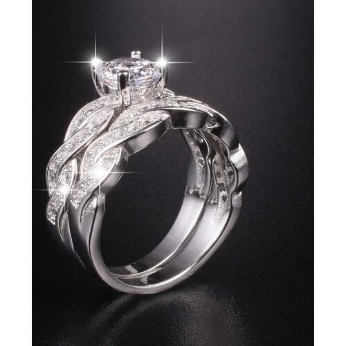 Ladys Round 2ct Simulated Diamond Rings Set 2-in-1 Wedding Anniversary Ring for Women 18K white gold Plated jewelry Size 5-10