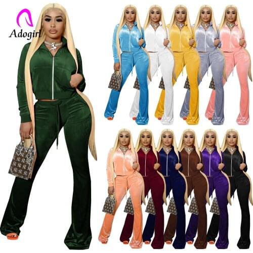Velvet Women 2 Piece Set Zipper Fly Long Sleeve Crop Coat + Slim Flare Jogging Pants Matching Set 2021 Autumn Workout Jogger Set