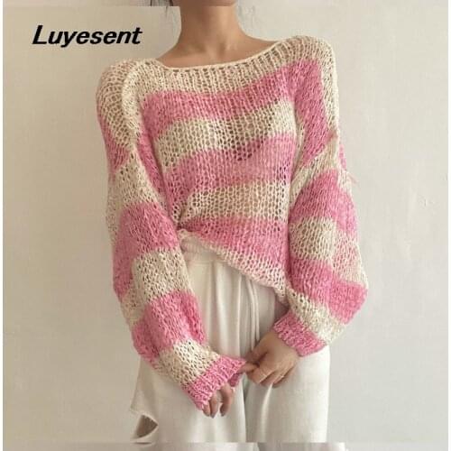 Striped Loose Harajuku Lady Korean Fashion Sweater Women Lantern Long Sleeve O Neck Thin Hollow Out Sweaters Casual Knitted Top