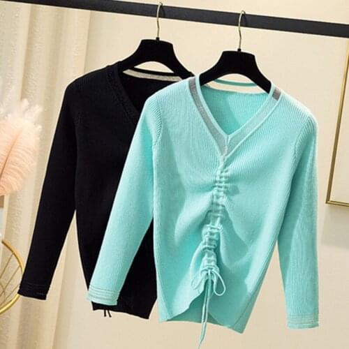 Chic casual Autumn Winter Basic Sweater pullovers Women v-neck Solid Knit Slim Pullover female Long Sleeve warm Black Sweater