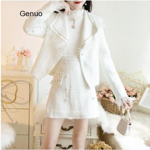 2020 Autumn And Winter Women Tweed Skirt Suits Female Short Turn Down Collar Jacket & Mini Pearl Decorate Skirt 2 Peice Set