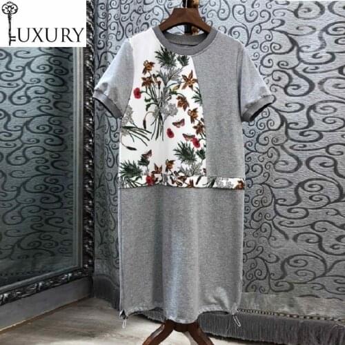 2020 Summer Fashion 100%Cotton Women Floral Print Patchwork Short Sleeve Straight Knee-Length Cotton Dress Grey Black
