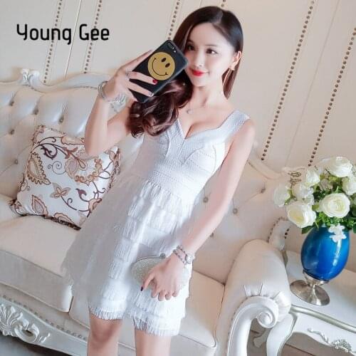Young Gee Women Dress Sexy Sleevless Tank Slim Vestidos Deep V-Neck Bandage Stretchy Multilayers Tassel Bodycon Mini Dresses