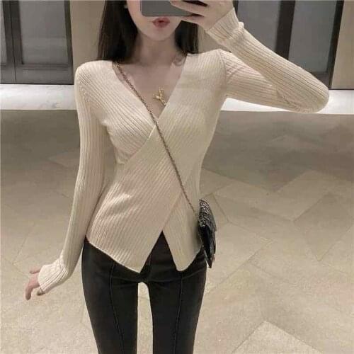 2021 new sexy cross V-Neck long sleeve slim fitting Pullover