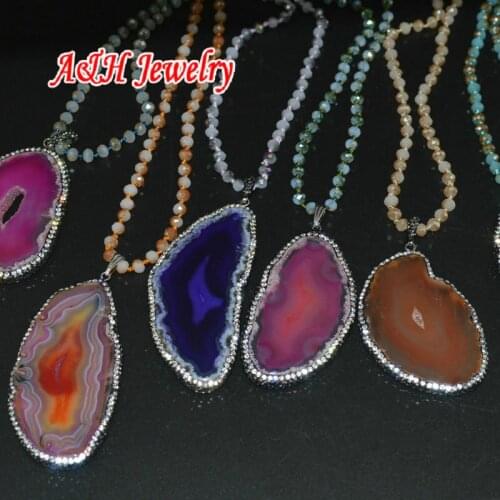 5pcs Mixed Color Rhinestone Paved Around Stone Slice Pendant 20'' Handmade Faceted Glass Bead Chain Necklace