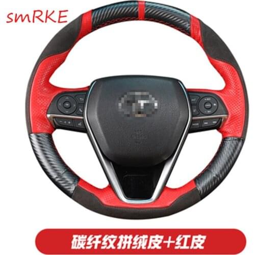 Hand sewing Carbon fiber Black suede Red Leather steering wheel cover for Toyota camry 8th Avalon