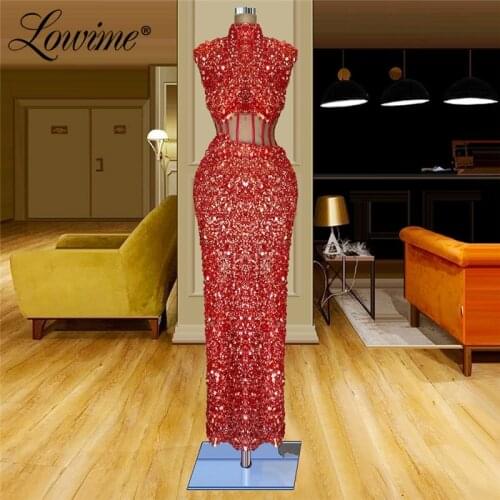 Lowime Black Sequined Ankle Length Party Dresses Red High Neck Evening Gown 2021 Plus Size Customized Mermaid Prom Dress Vestido
