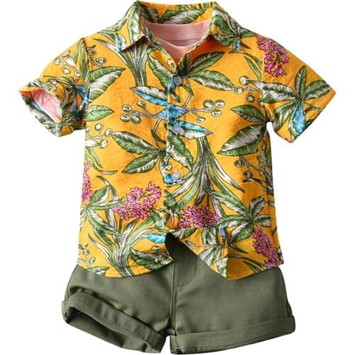 1-6Y Kids Baby Boy 3Pieces Suits Holiday Boho Floral Print Turn-Down Collar T-Shirt+White Basic Tees+ Shorts Beach Wear Boy Sets