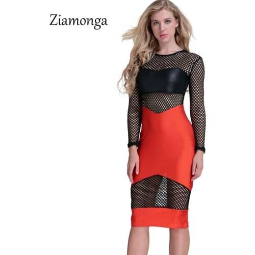 Ziamonga Elegant Red Black Patchwork Hollow Mesh Midi Dress Women Casual Bandage Bodycon Dress Sexy Party Dresses Women Dress