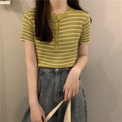 2021 News T-Shirt Popular Womens Wear Striped Knitting Female Clothes Casual Polo Neck Tops Short Sleeve Fashion Summer Student