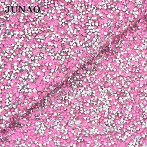 JUNAO 24*40cm Pink Color Self-Adhesive Rhinestone Fabric Mesh Crystal Trim Hot Fix Resin Strass Diamond Applique for Crafts