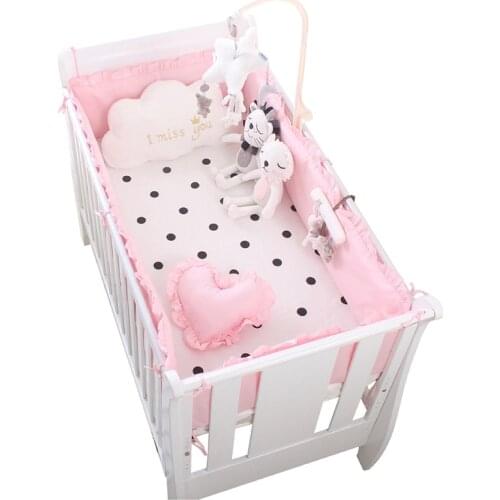 5pcs pink Crib Bed Linen Cotton Baby Bedding Set Infant Crib Protector Cot Fence Decor Baby Items For Newborns, 4bumper+sheet