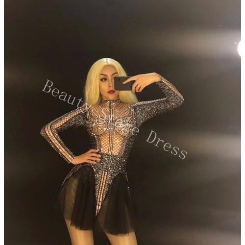 Fashion Sexy Shining Perspective Bodysuit Women Birthday Celebrate See Through Mesh Black Fringes Dance Costume Festival Outfit