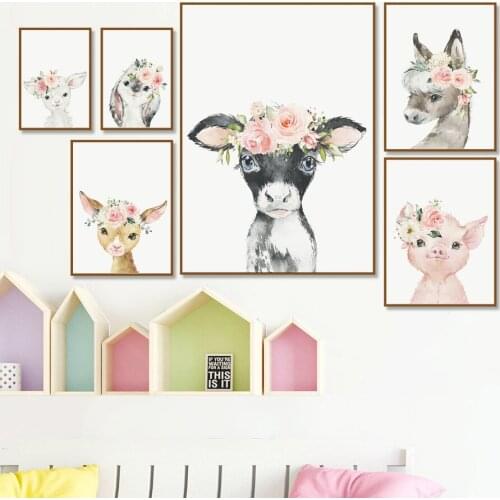 Cartoon Donkey Deer Pig Sheep Rabbit Flower Wall Art Canvas Painting Nordic Posters And Prints Wall Picture For Kids Room Decor