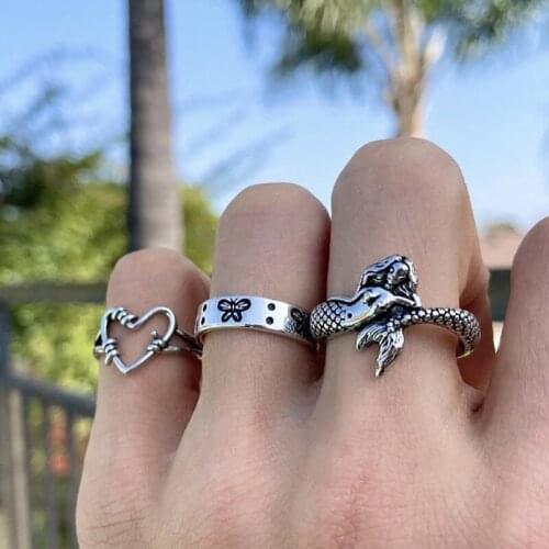 Punk Vintage Mermaid Butterfly Love Heart Rings Set Fashion Personality Rings for Women Men Jewelry Accessories